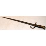 WW1 era French Gras bayonet. Indistinct markings to hilt guard. Blade length 52cms, o/all length