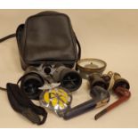 Collection of various curios to include binoculars, AA car badge, pipes etc.