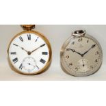 18ct gold full face pocket watch and key together an Omega base metal similar pocket watch glass A/F