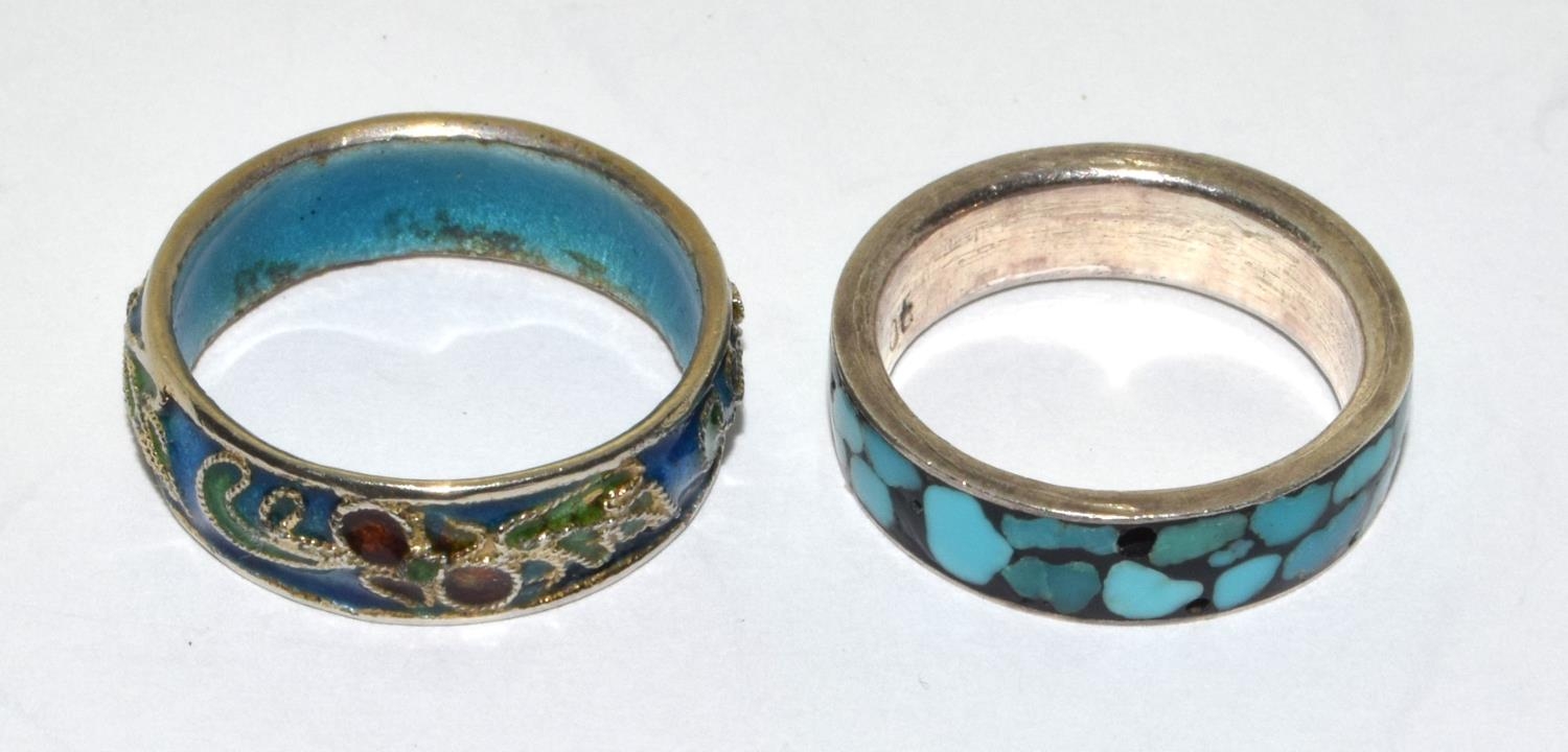 2 x 925 enameled & turquoise rings Size M & P 1/2. - Image 2 of 3