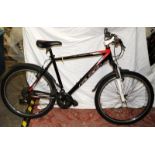 Raleigh black and red mountain bike. 26" wheels, 20" frame, 24 gears. (107)AUG