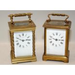 Two quality brass carriage clocks with bevelled glass panels and visible movements. No keys but both