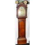 Antique grandfather clock with brass dial and chapter ring, Tempus Fugit painted panel and