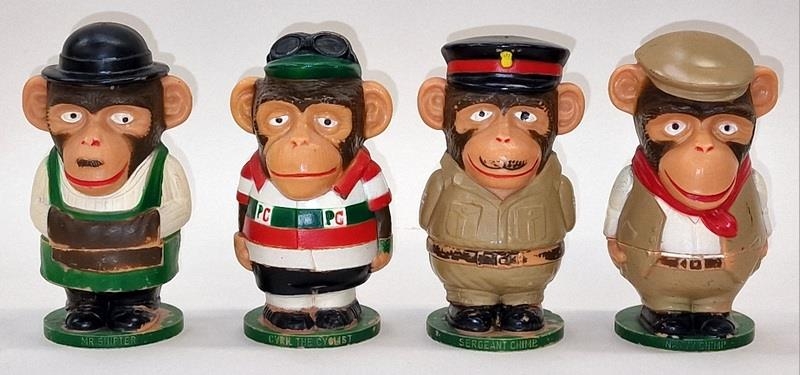PG Tips vintage 1970's set of chimp egg cups to include Mr Shifter, Cyril the Cyclist, Sergeant