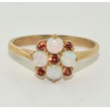 Opal and 9ct gold flower ring Size T, 2.9g