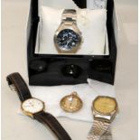 Boxed Eugene Renard gents quartz chronograph c/w another two gents watches and a small fob watch.