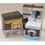 A GO 700 sat nav, slimline dashcam, dummy security camera (boxed)