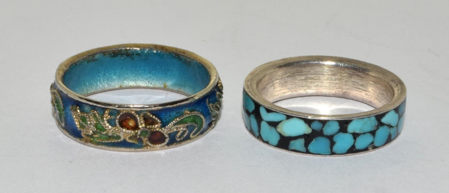 2 x 925 enameled & turquoise rings Size M & P 1/2. - Image 3 of 3