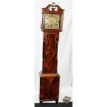 Antique Grandfather clock with flame mahogany veneer to case. Brass dial and chapter ring. Dial