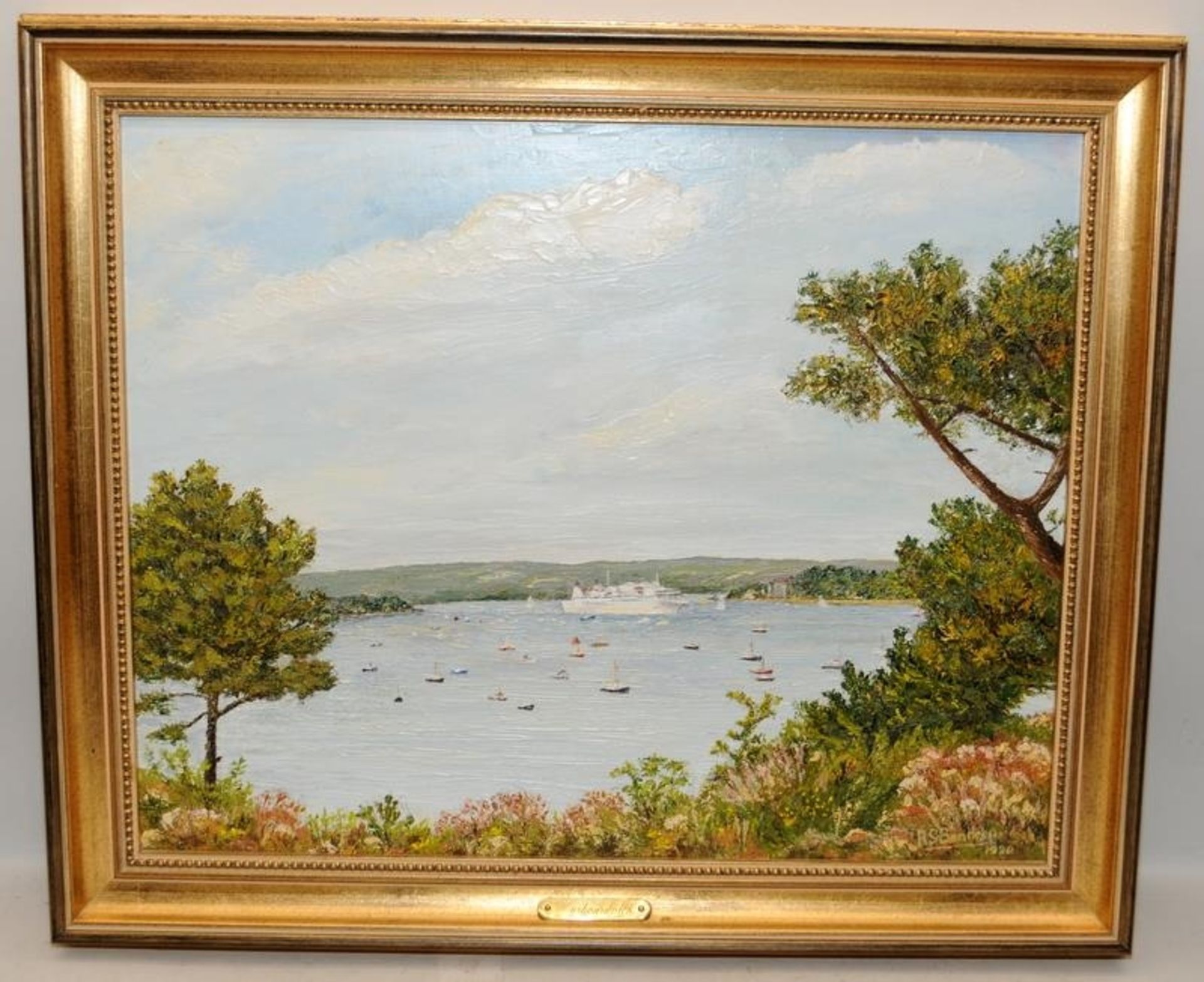 Local interest: Framed oil painting 'Harbour Watch'. Poole Harbour as viewed from Evening Hill