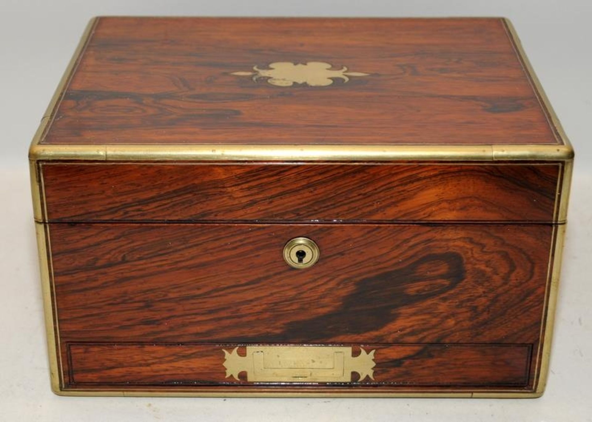 Antique brass bound and inlaid mahogany jewellery box with fitted and lined interior and drawer - Image 5 of 7