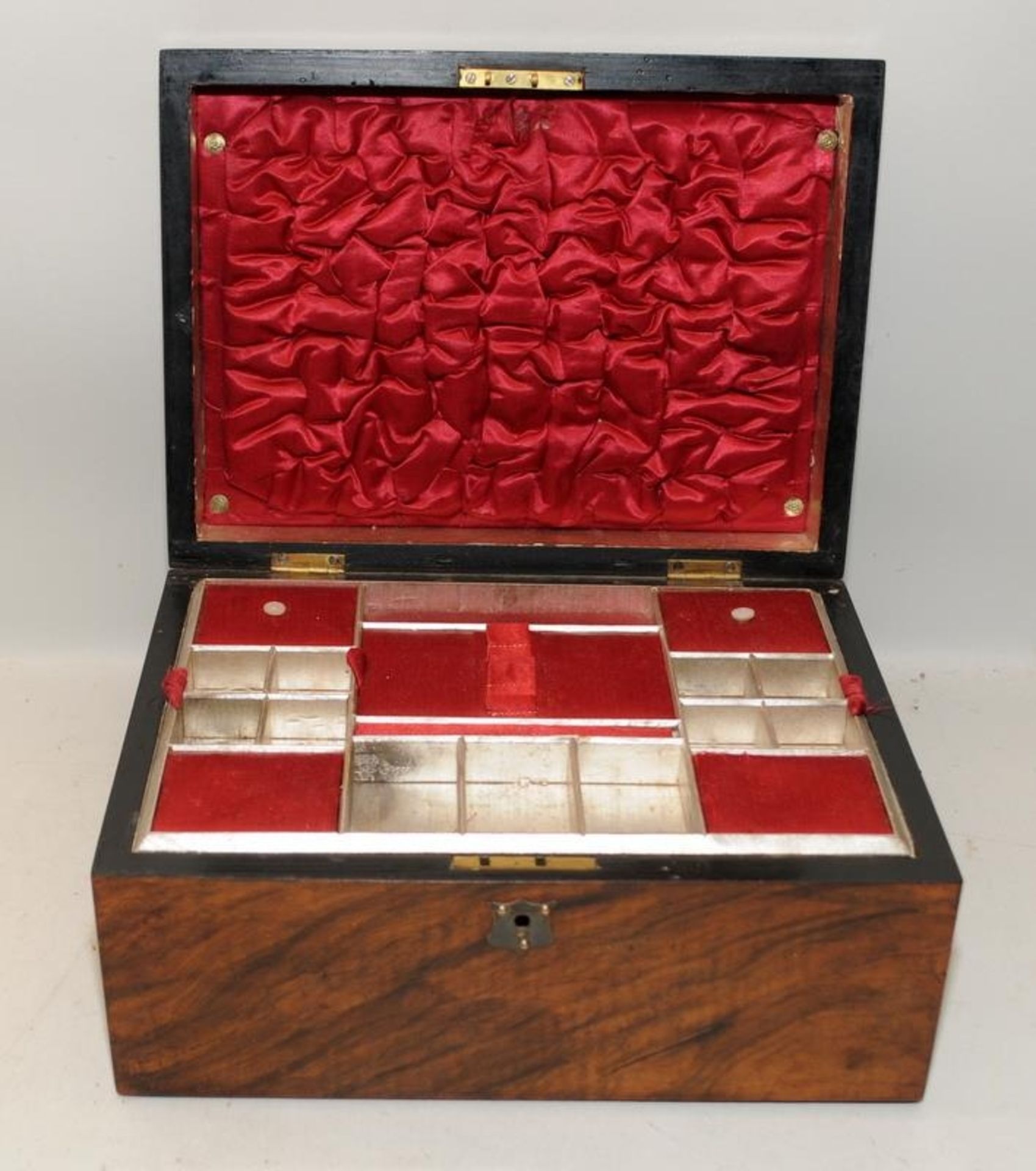 Victorian silk lined rosewood jewellery box with fitted compartments and key. 30cms across x 15cms - Image 2 of 4