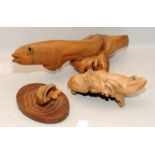 2 x Oriental creatures carved from driftwood, a fish and a toad c/w a carved fish signed Rodney