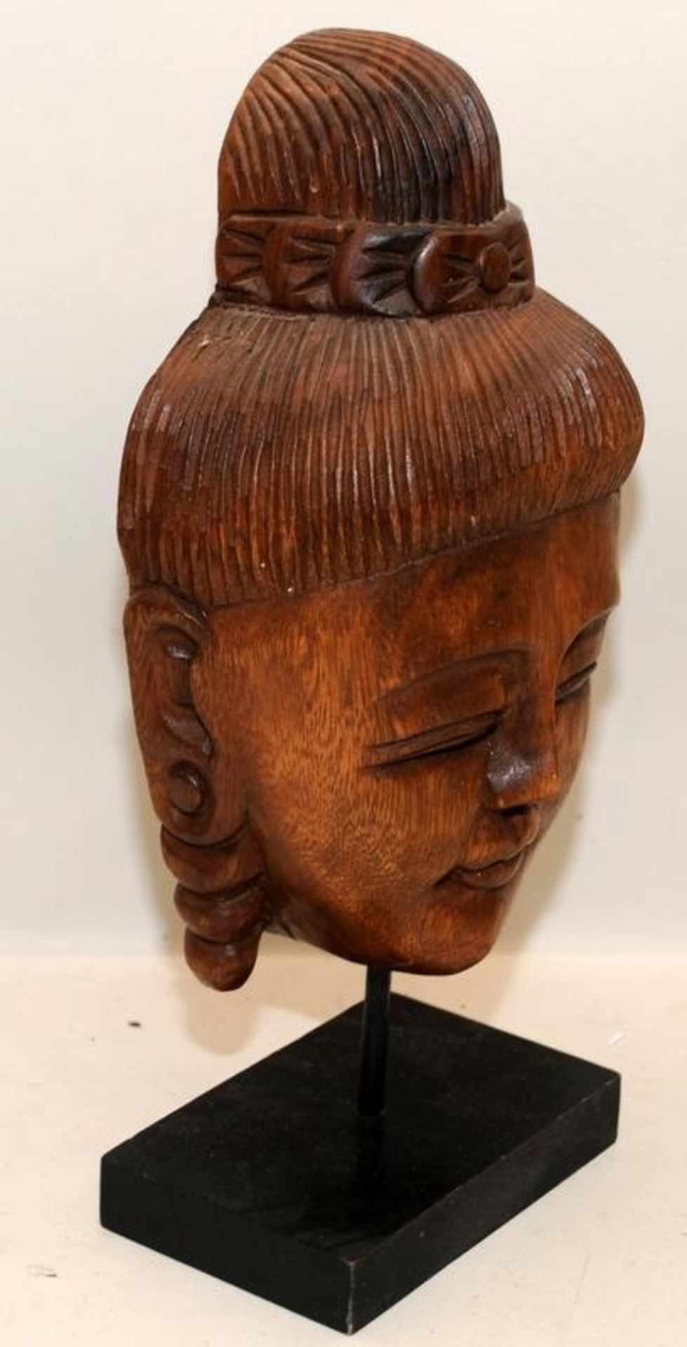 Vintage fine carved Buddha head bust mounted on wooden plinth. 36cms tall - Image 2 of 3