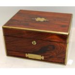 Antique brass bound and inlaid mahogany jewellery box with fitted and lined interior and drawer