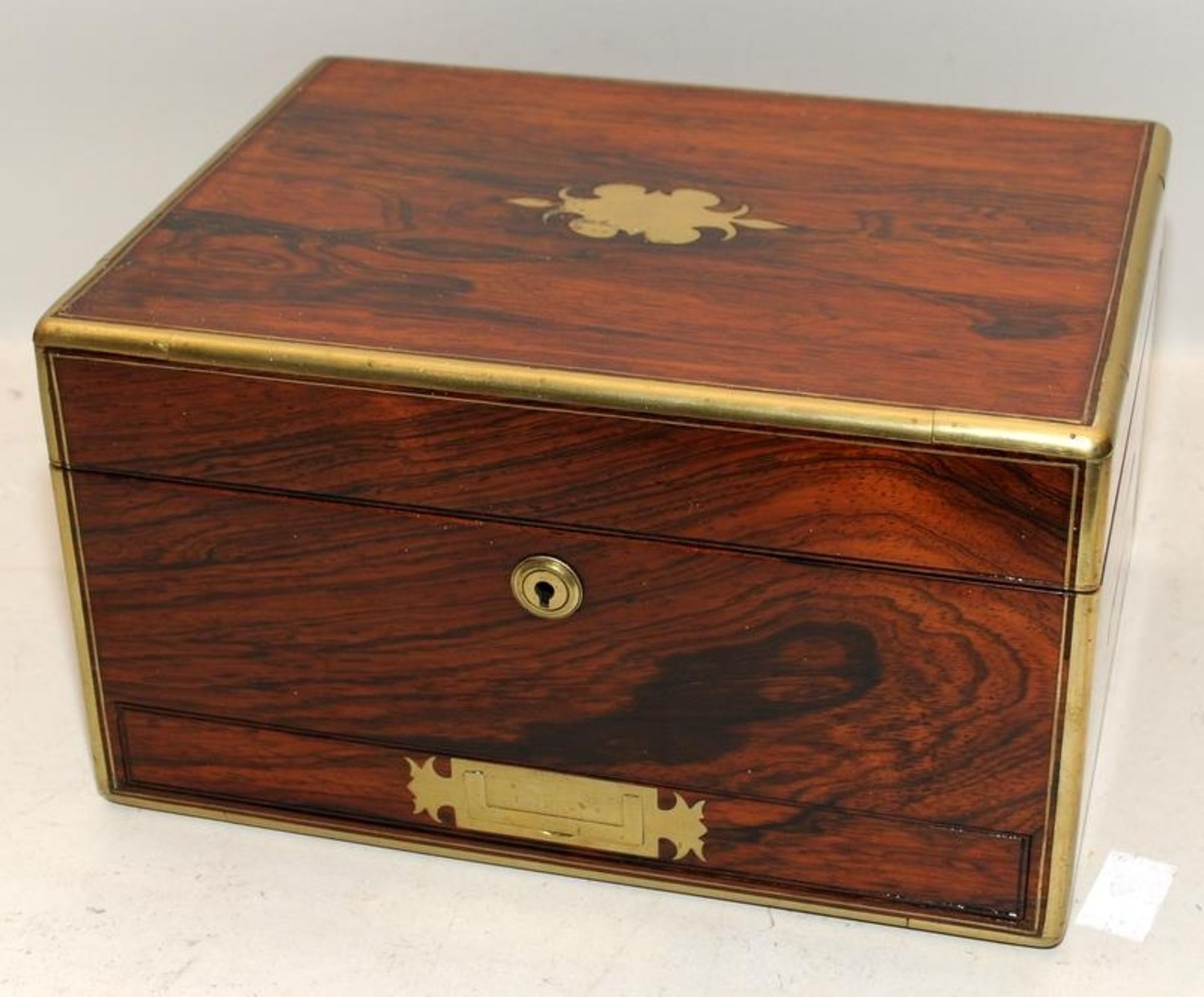 Antique brass bound and inlaid mahogany jewellery box with fitted and lined interior and drawer