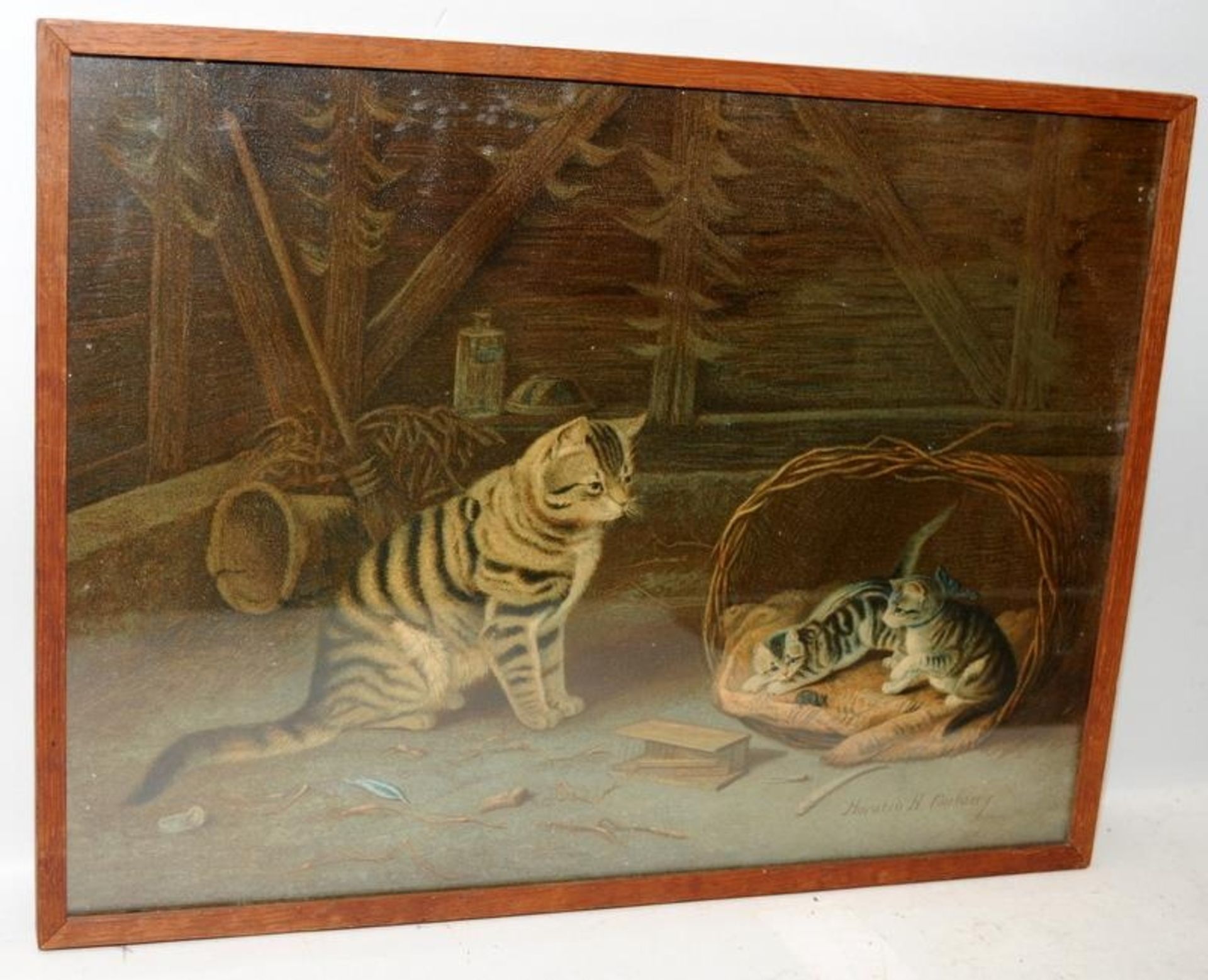 Horatio H Couldery (1832-1918) framed and glazed picture depicting a cat with two kittens. Frame - Image 2 of 3