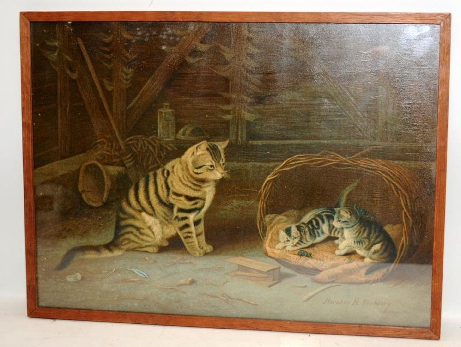 Horatio H Couldery (1832-1918) framed and glazed picture depicting a cat with two kittens. Frame