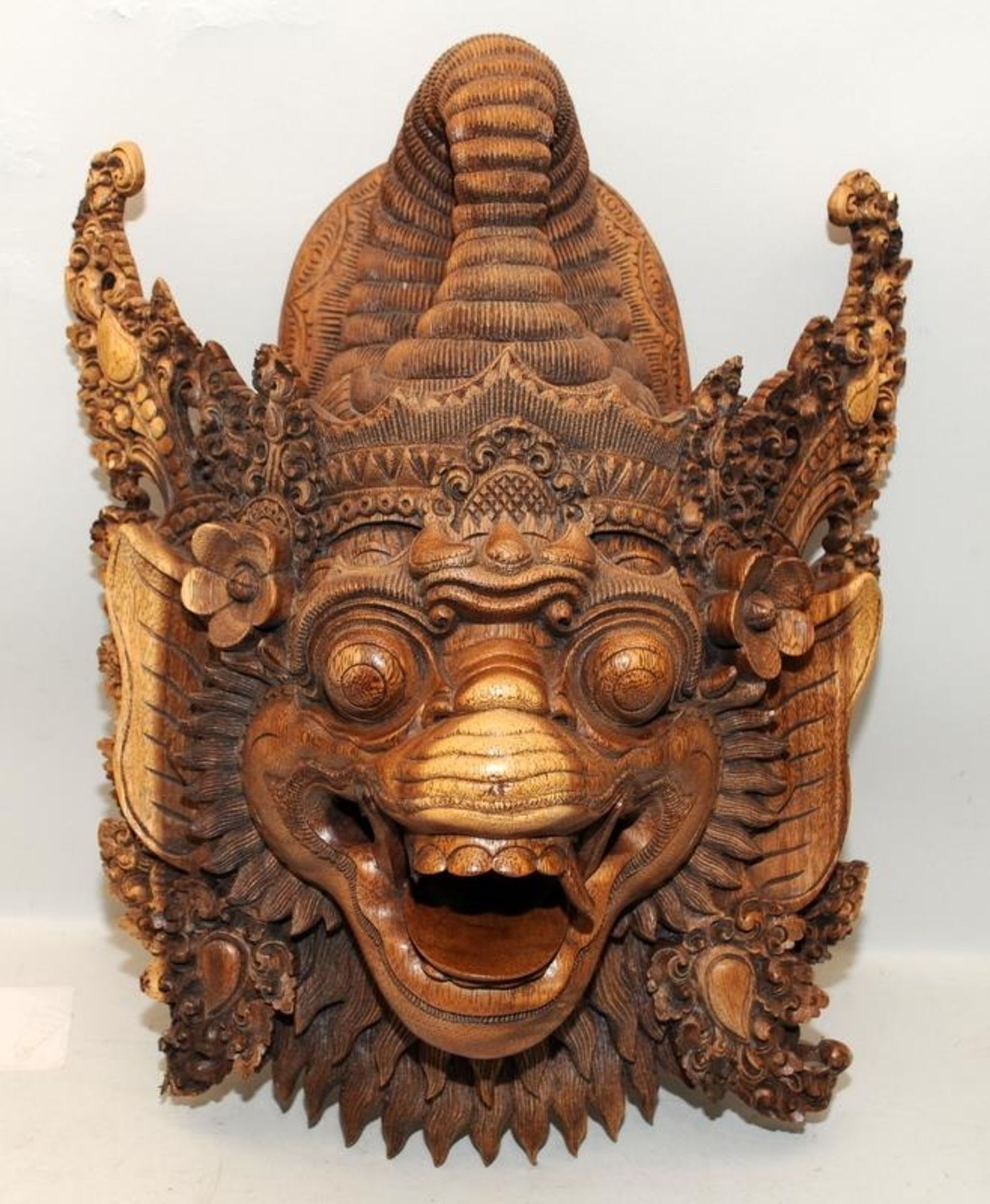 Vintage carved wood Balinese grotesque dragon mask approx 48cms tall. A few small losses.