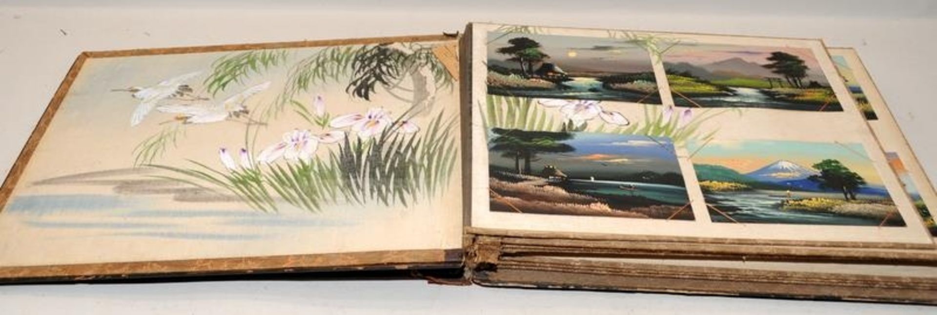 Antique Japanese postcard album with lacquered boards and inlaid decoration to front (some losses - Image 2 of 8