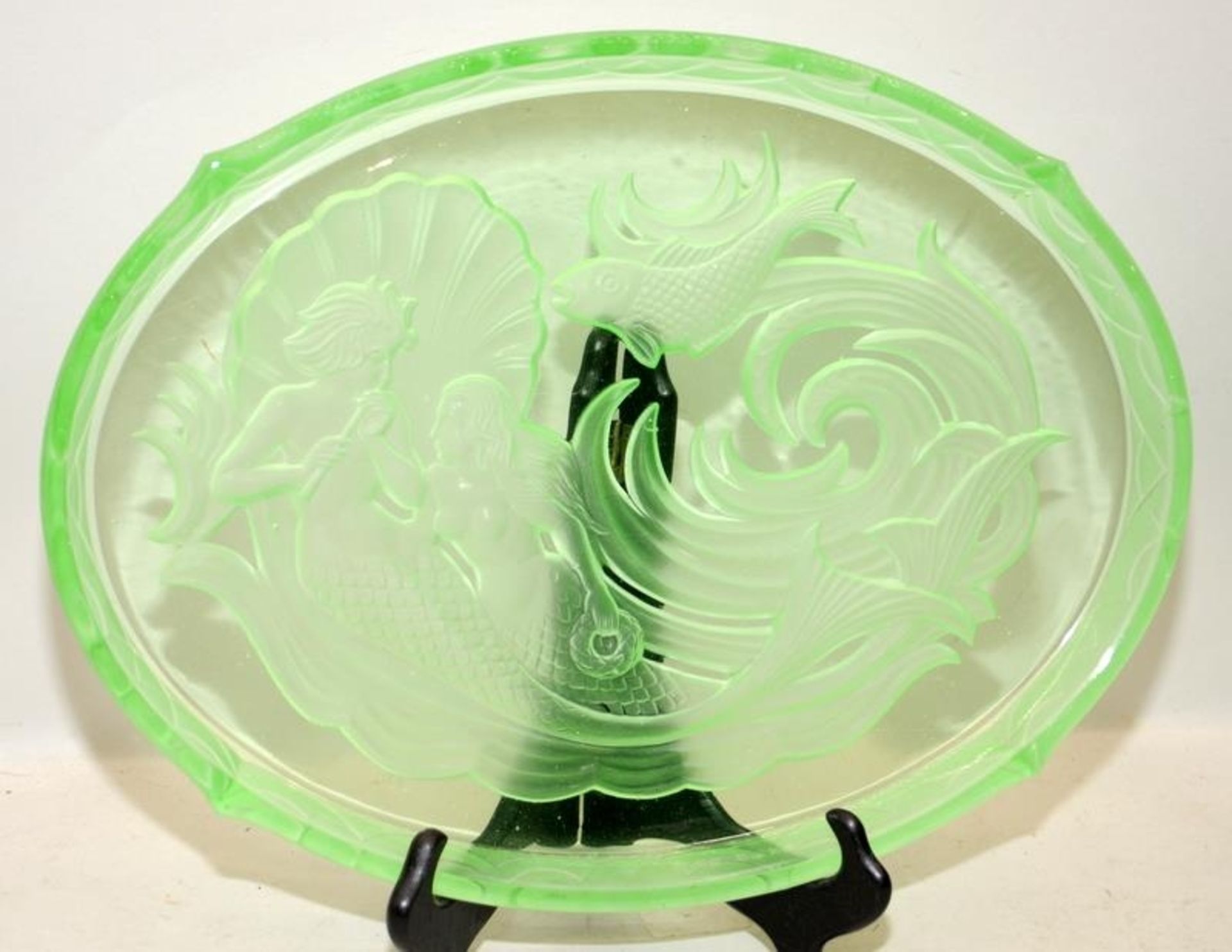 Uranium glass Art Deco dressing table tray c/w a Uranium glass fruit bowl. Tray 35.5cms across, bowl - Image 2 of 3