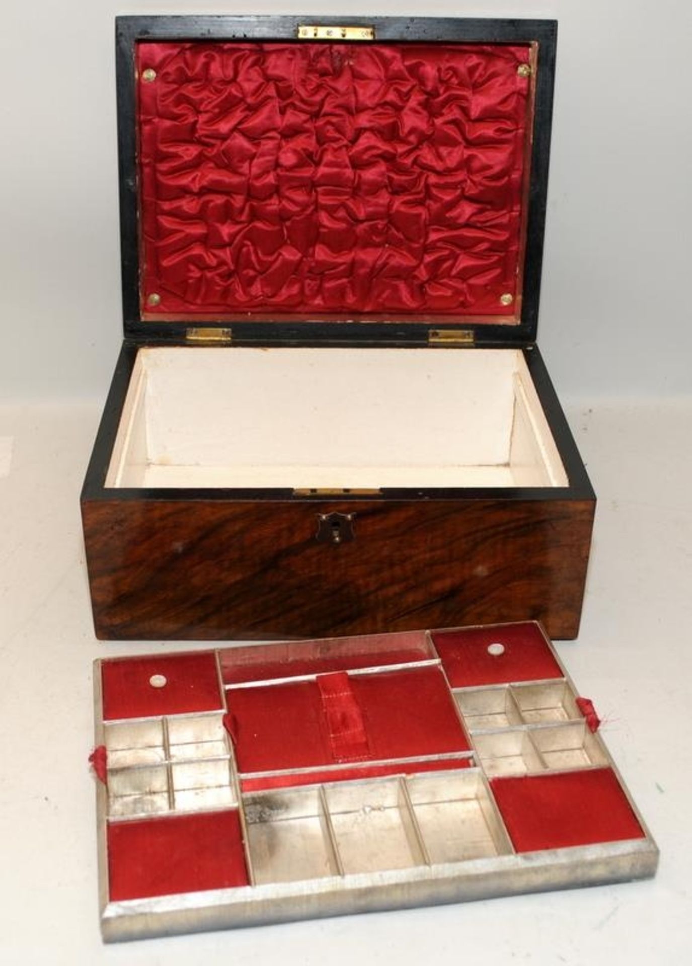 Victorian silk lined rosewood jewellery box with fitted compartments and key. 30cms across x 15cms - Image 3 of 4