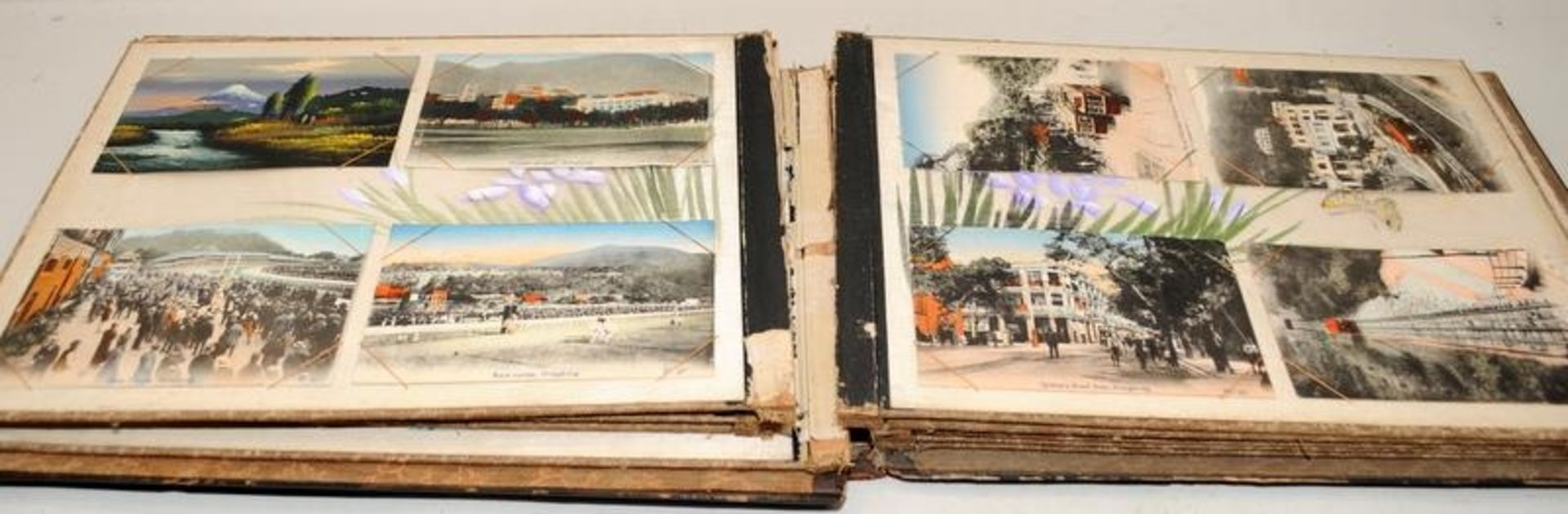 Antique Japanese postcard album with lacquered boards and inlaid decoration to front (some losses - Image 5 of 8