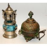Two antique incense burners, one possibly Tibetan of brass construction and one Chinese of stone/