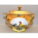 Large Romany Gypsy wagon decorated lidded tureen/stockpot. Hand painted and gilded bone china. 24cms