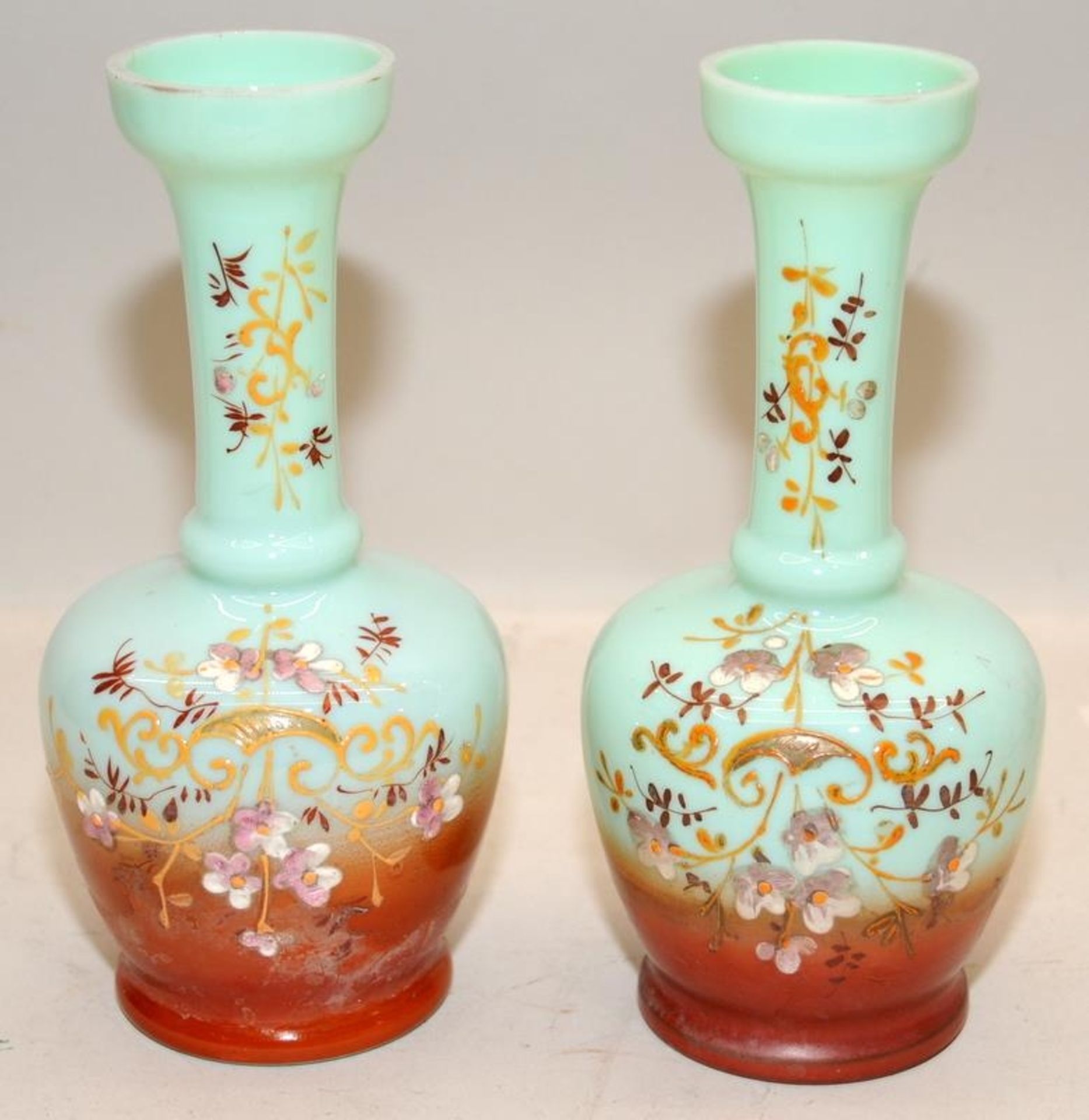 Pair of Victorian Harrach (?) turquoise opaline bud vases 19cms tall c/w a pair of pink opaline - Image 2 of 6