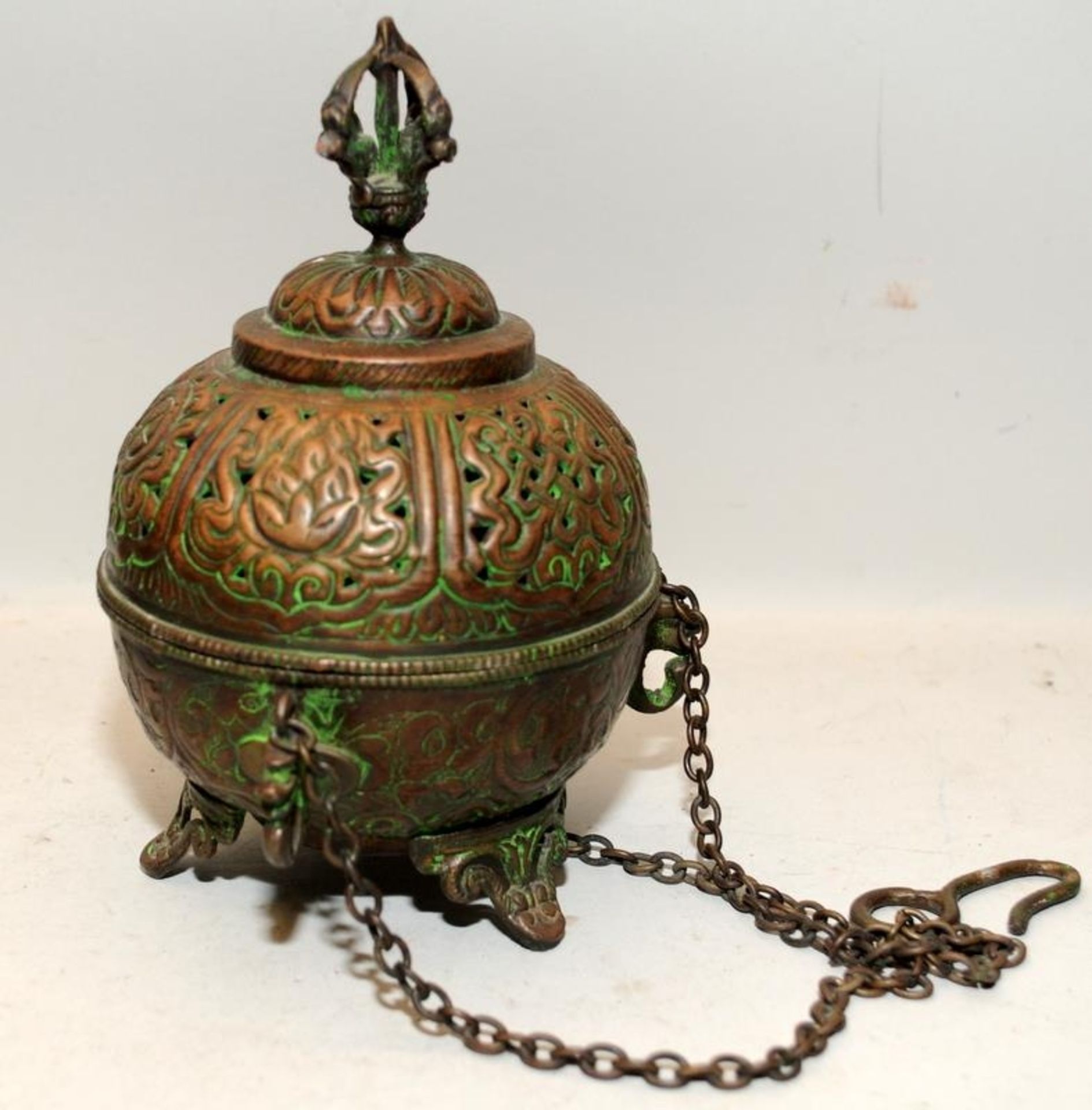 Two antique incense burners, one possibly Tibetan of brass construction and one Chinese of stone/ - Image 2 of 6