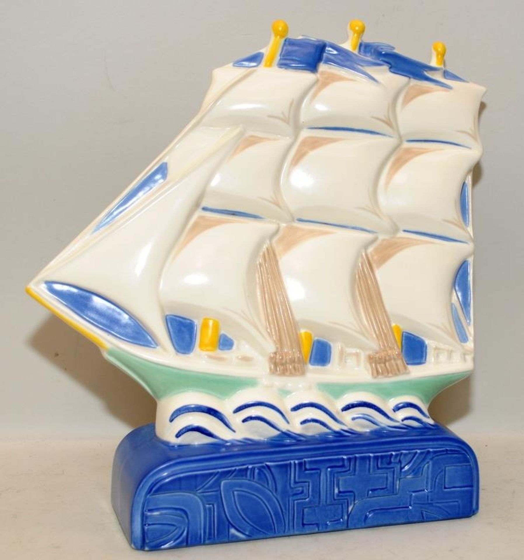 Poole Pottery Studio flatback galleon. 2000 version faithful to original 1920's colour glazes. 20cms