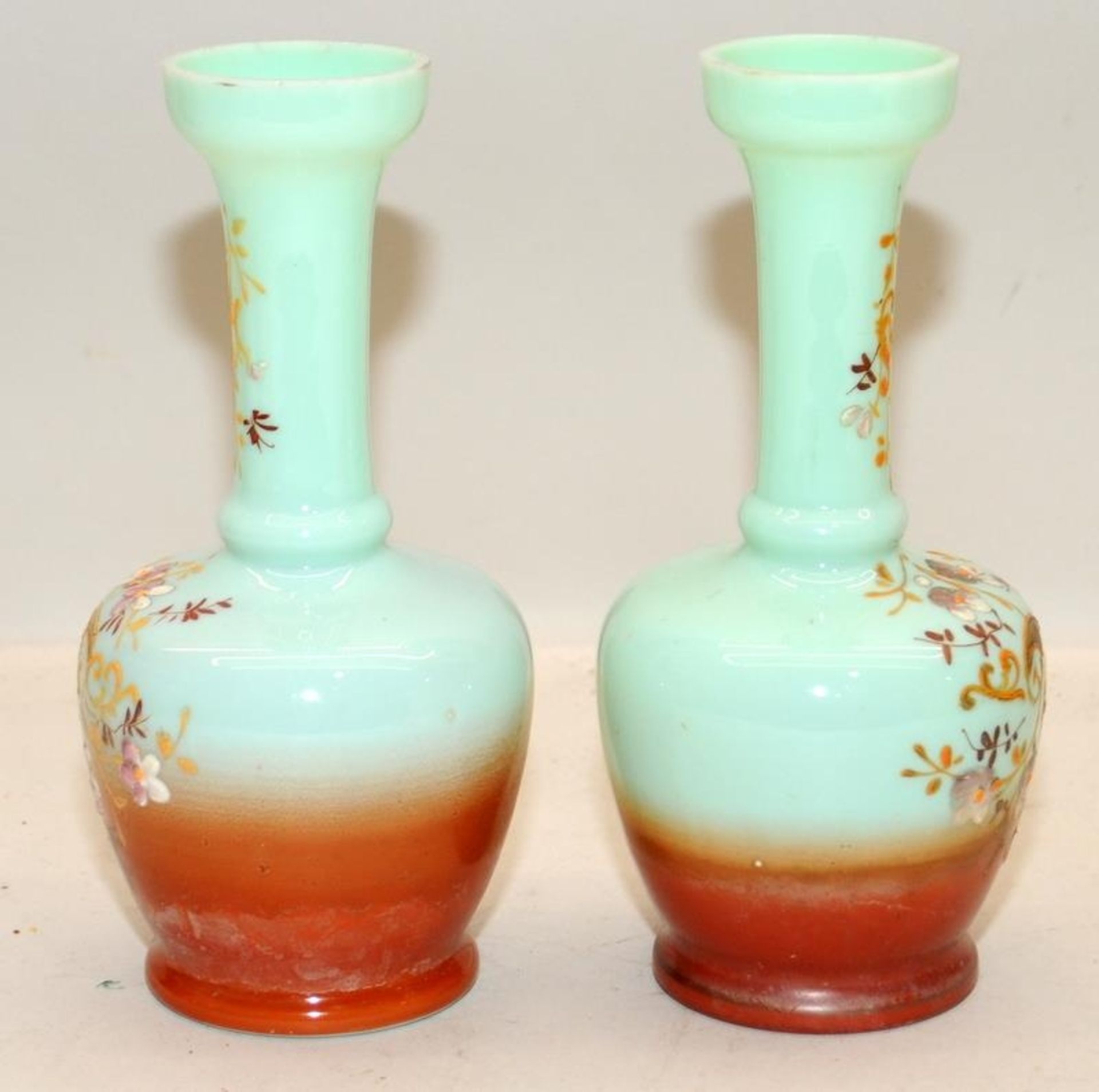 Pair of Victorian Harrach (?) turquoise opaline bud vases 19cms tall c/w a pair of pink opaline - Image 3 of 6