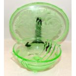 Uranium glass Art Deco dressing table tray c/w a Uranium glass fruit bowl. Tray 35.5cms across, bowl
