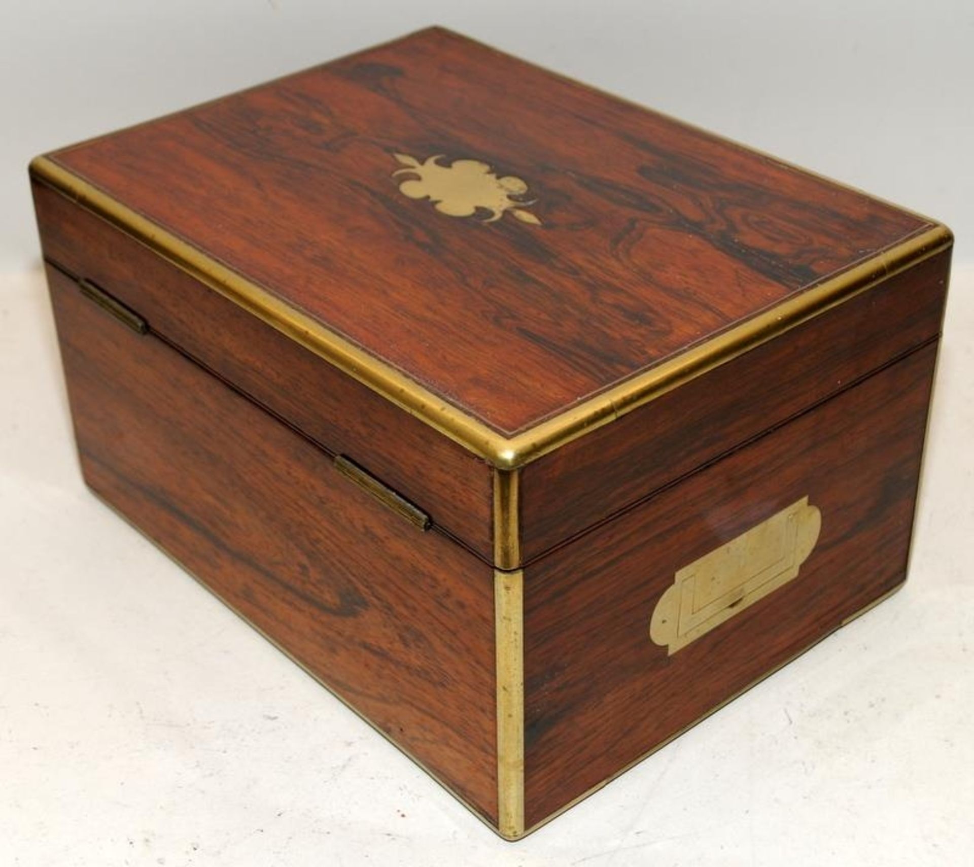 Antique brass bound and inlaid mahogany jewellery box with fitted and lined interior and drawer - Image 7 of 7