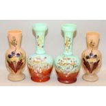 Pair of Victorian Harrach (?) turquoise opaline bud vases 19cms tall c/w a pair of pink opaline