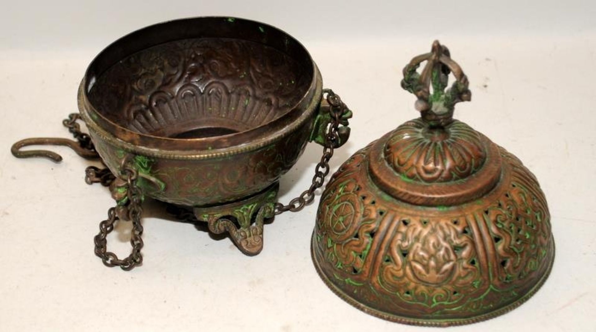 Two antique incense burners, one possibly Tibetan of brass construction and one Chinese of stone/ - Image 3 of 6