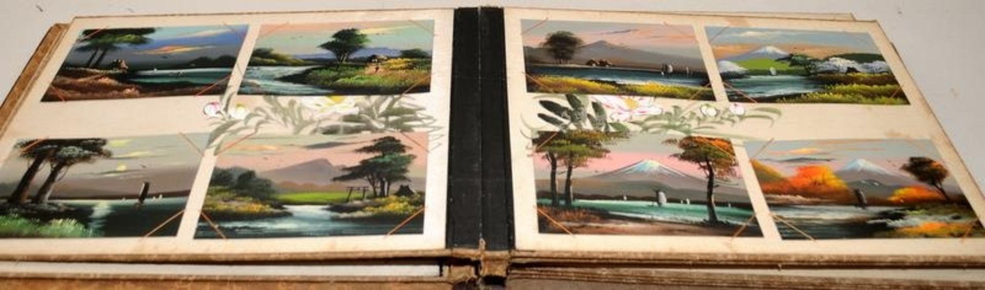 Antique Japanese postcard album with lacquered boards and inlaid decoration to front (some losses - Image 3 of 8