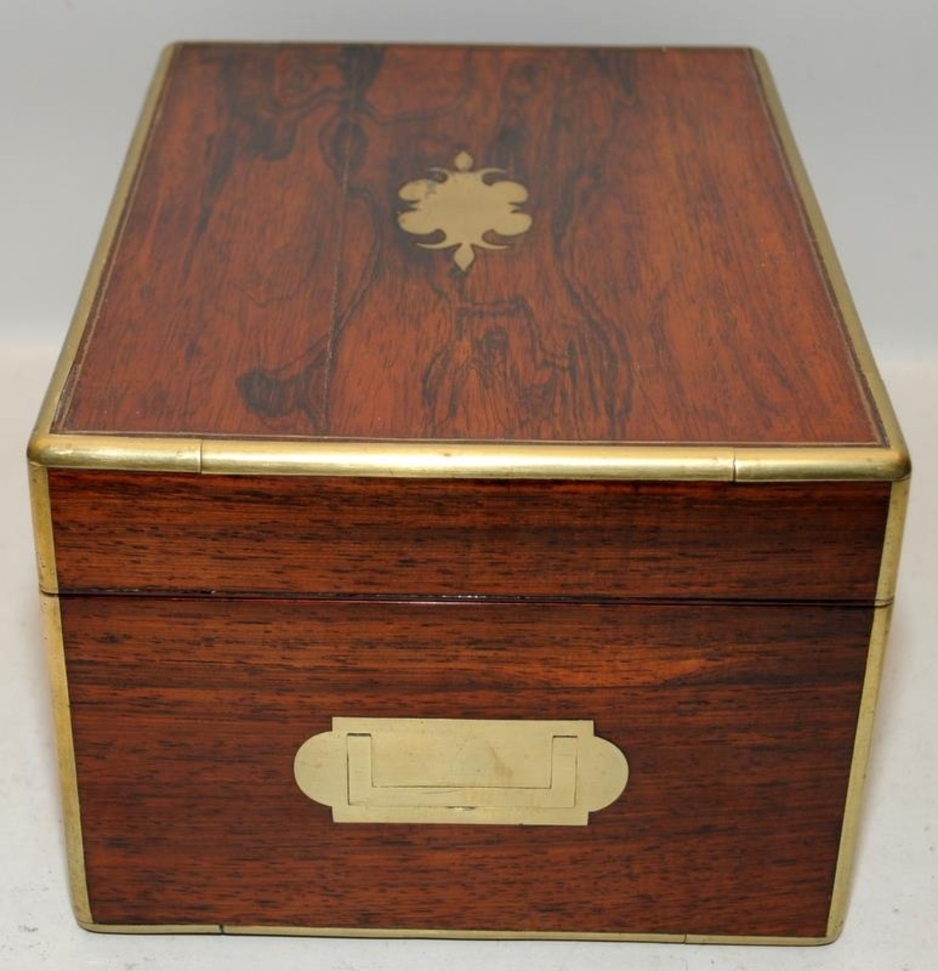 Antique brass bound and inlaid mahogany jewellery box with fitted and lined interior and drawer - Image 6 of 7