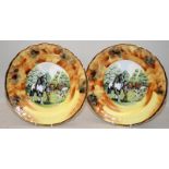 Romany Gypsy wagon decorated pair of 27cms cabinet plates. Hand painted and gilded bone china