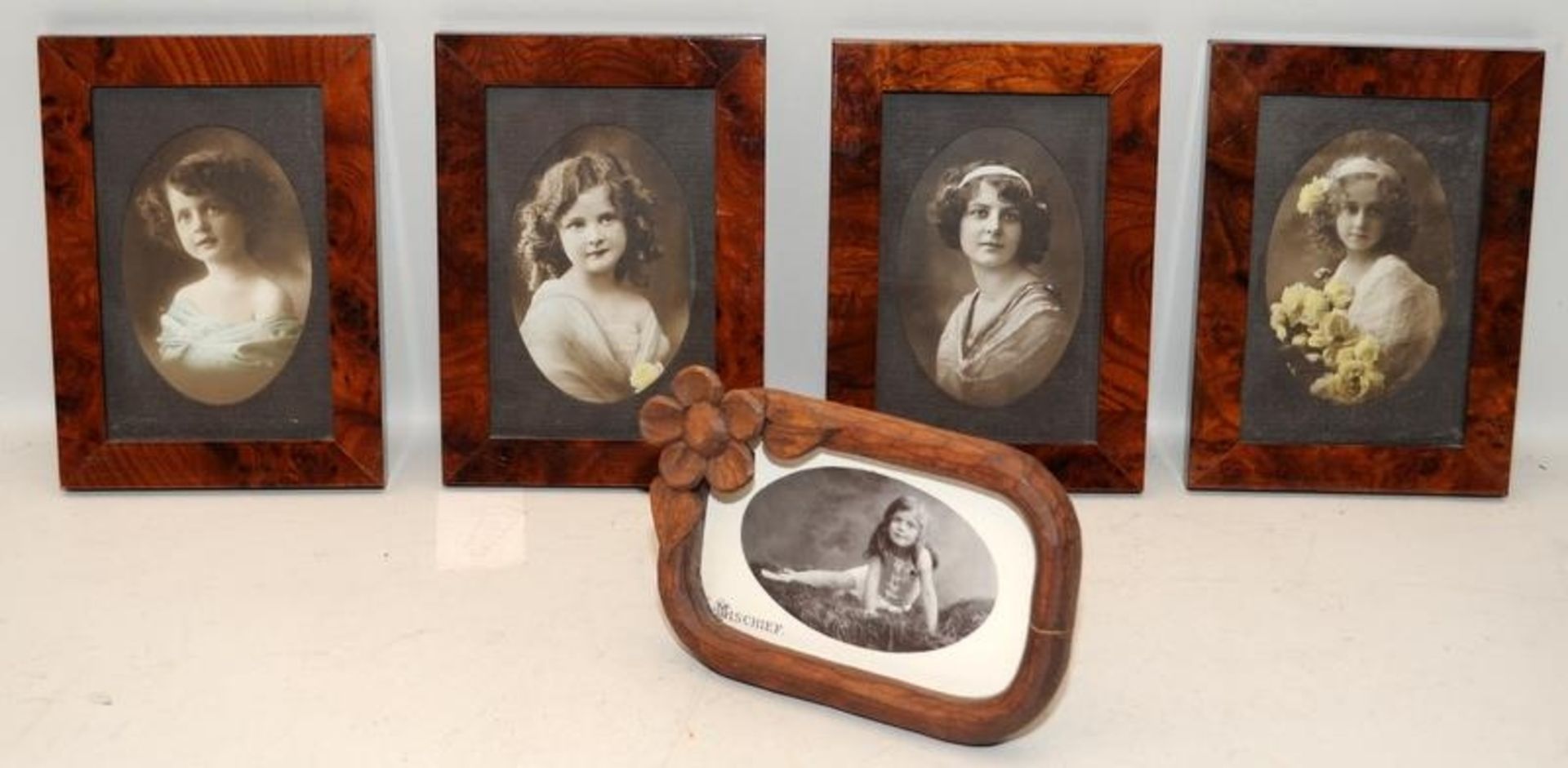 Group of vintage wooden picture frames with b&w pictures of young girls. Frame size 13.5cms x 18.