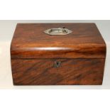 Victorian silk lined rosewood jewellery box with fitted compartments and key. 30cms across x 15cms