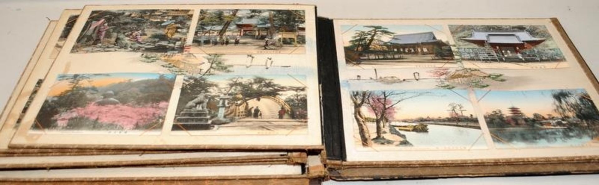 Antique Japanese postcard album with lacquered boards and inlaid decoration to front (some losses - Image 6 of 8