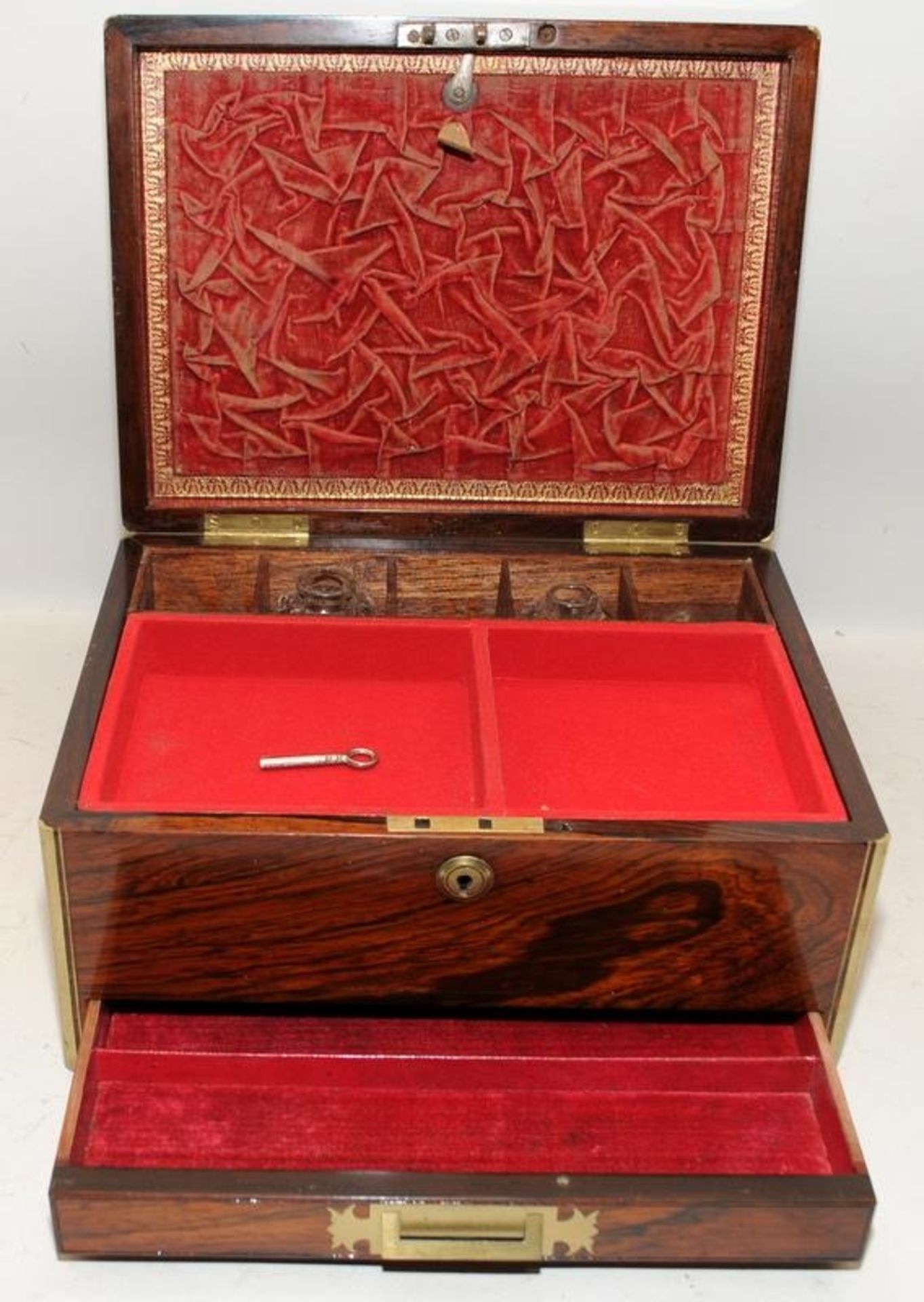 Antique brass bound and inlaid mahogany jewellery box with fitted and lined interior and drawer - Image 2 of 7