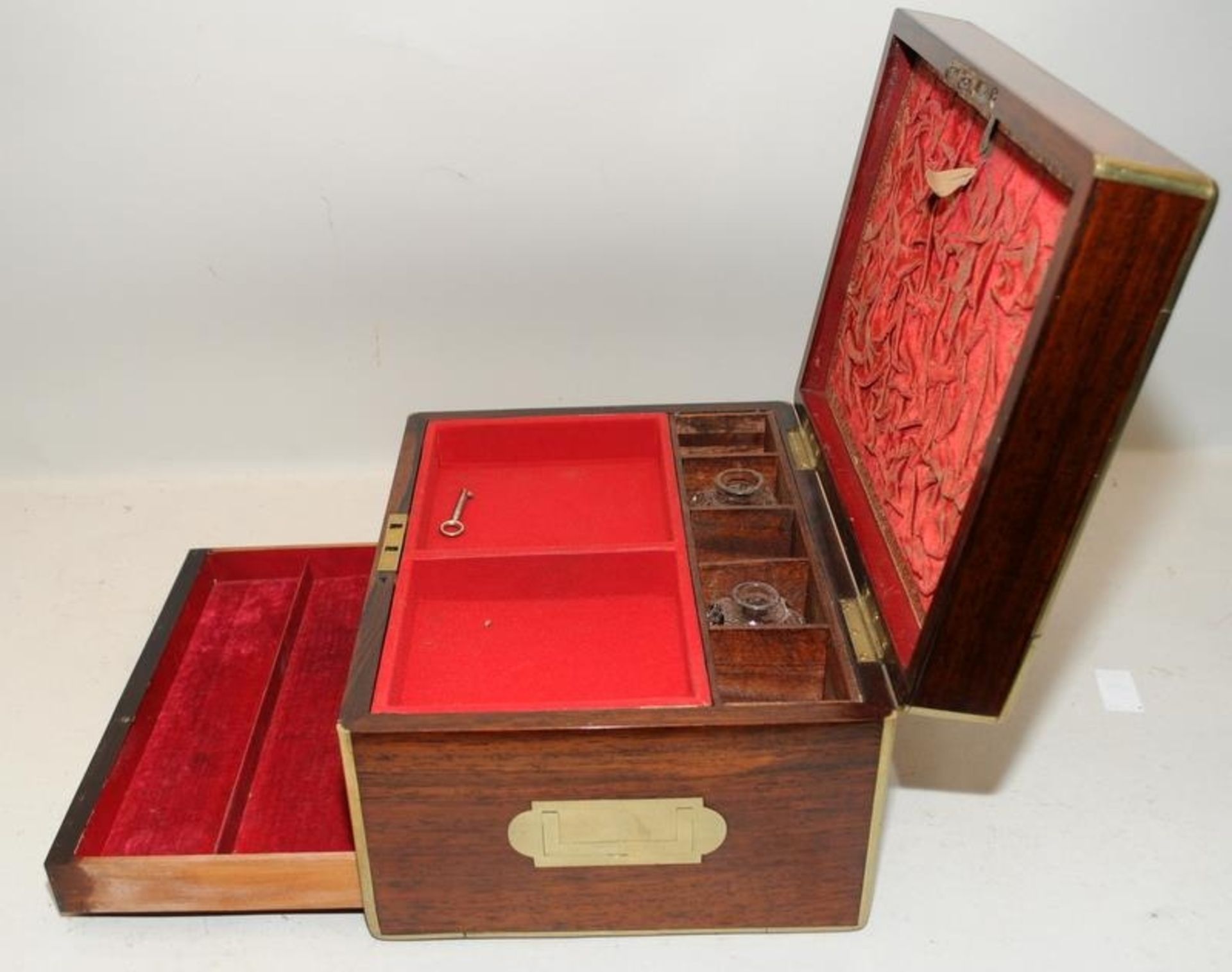 Antique brass bound and inlaid mahogany jewellery box with fitted and lined interior and drawer - Image 4 of 7