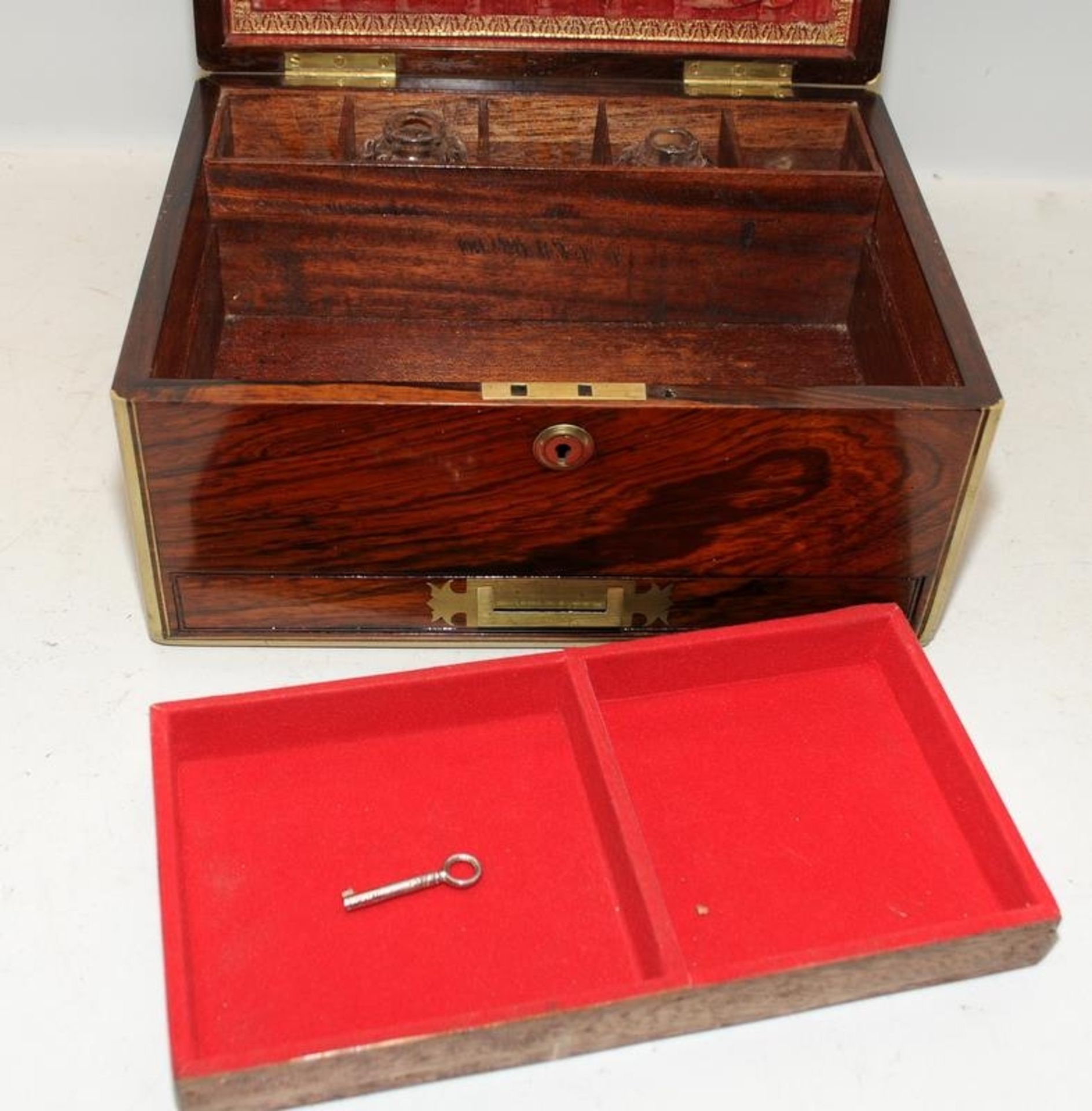Antique brass bound and inlaid mahogany jewellery box with fitted and lined interior and drawer - Image 3 of 7