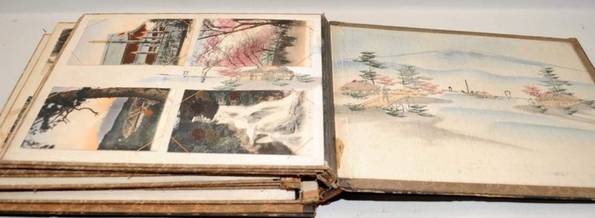 Antique Japanese postcard album with lacquered boards and inlaid decoration to front (some losses - Image 7 of 8