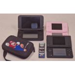 Nintendo 3DS Xl together with DS Lite, DSi, three game cartridges and a carry case. This lot has not