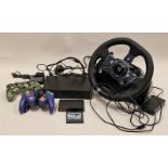 Miscellaneous gaming gear to include steering wheel, controllers, leads etc. This lot has not been