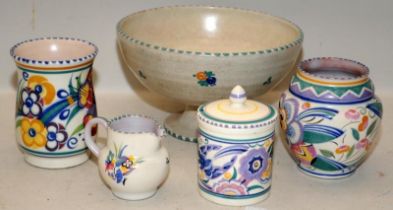 Five pieces mostly early 20thC Poole Pottery in traditional patterns